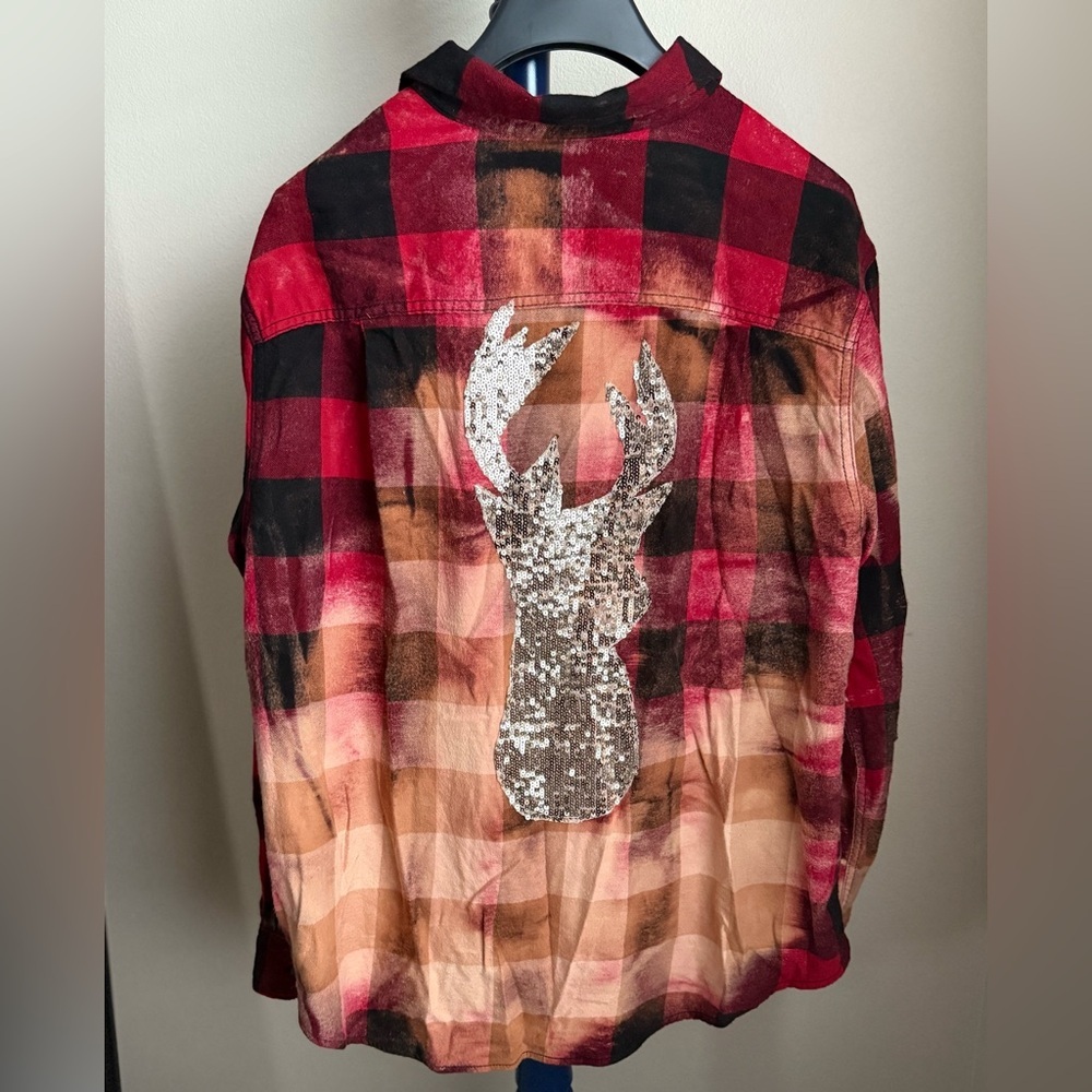 Blleached Red Plaid Button-Up Flannel With Sequin… - image 1